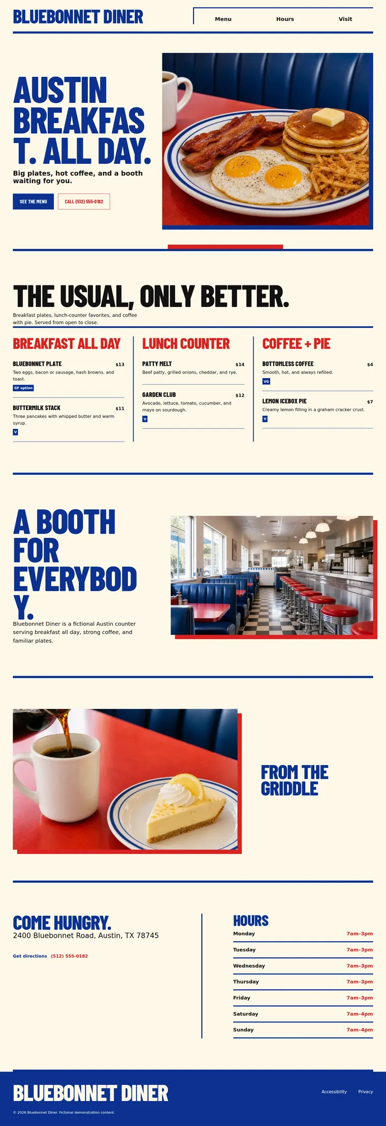 Full scrolling website for Bluebonnet Diner, a fictional diner