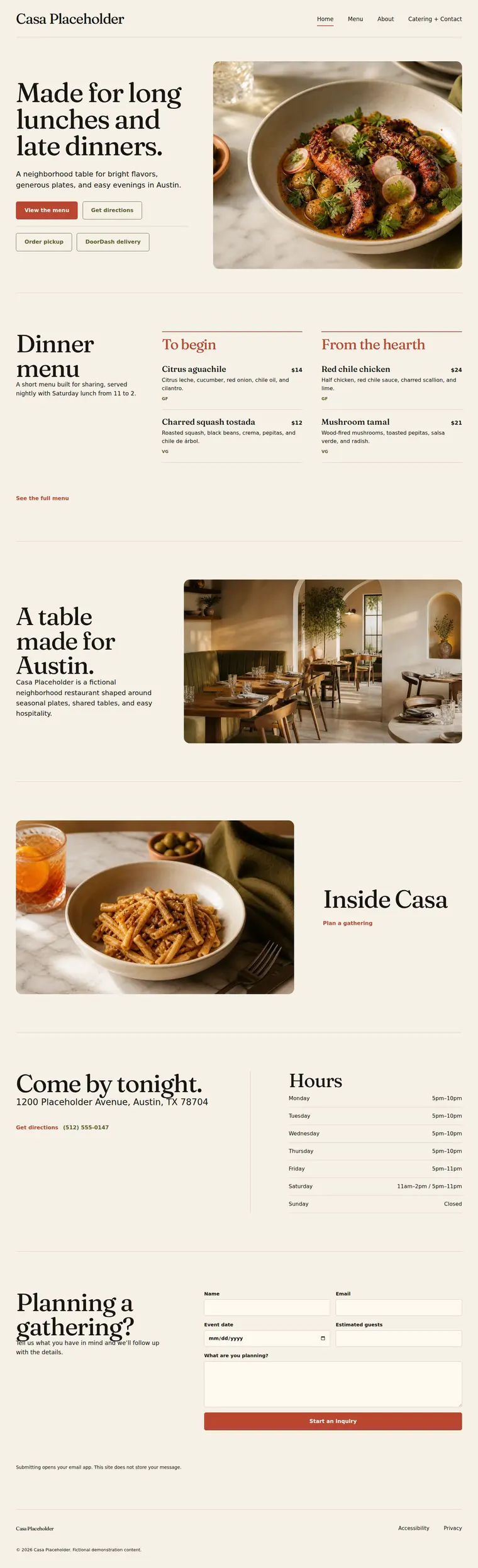 Full scrolling website for Casa Placeholder, a fictional neighborhood restaurant