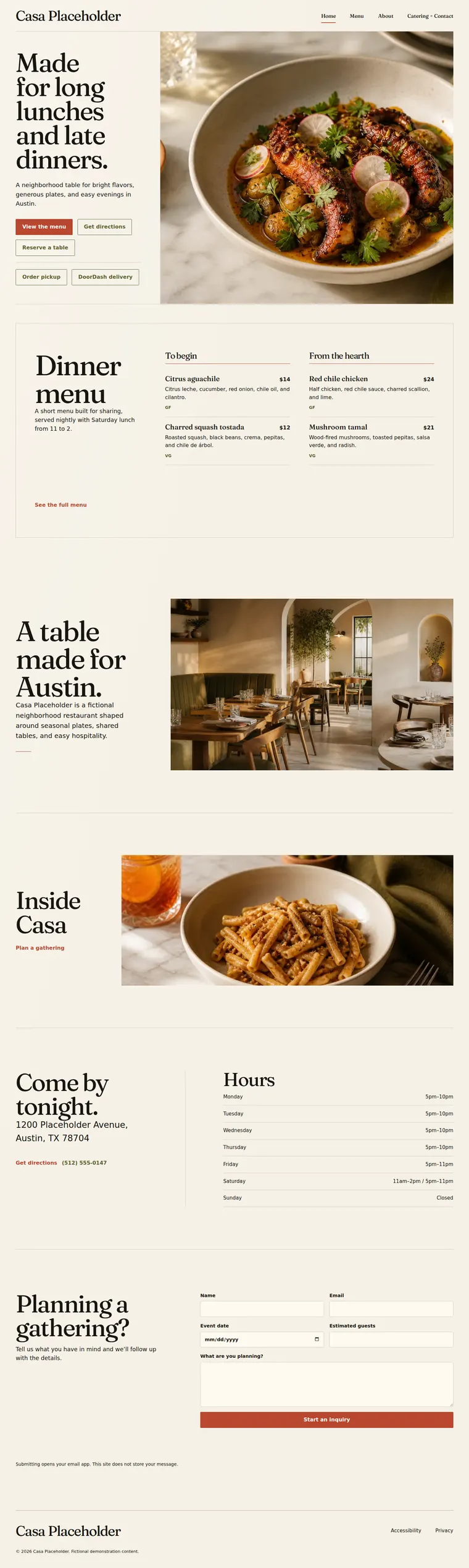Full scrolling website for Casa Placeholder, a fictional neighborhood restaurant