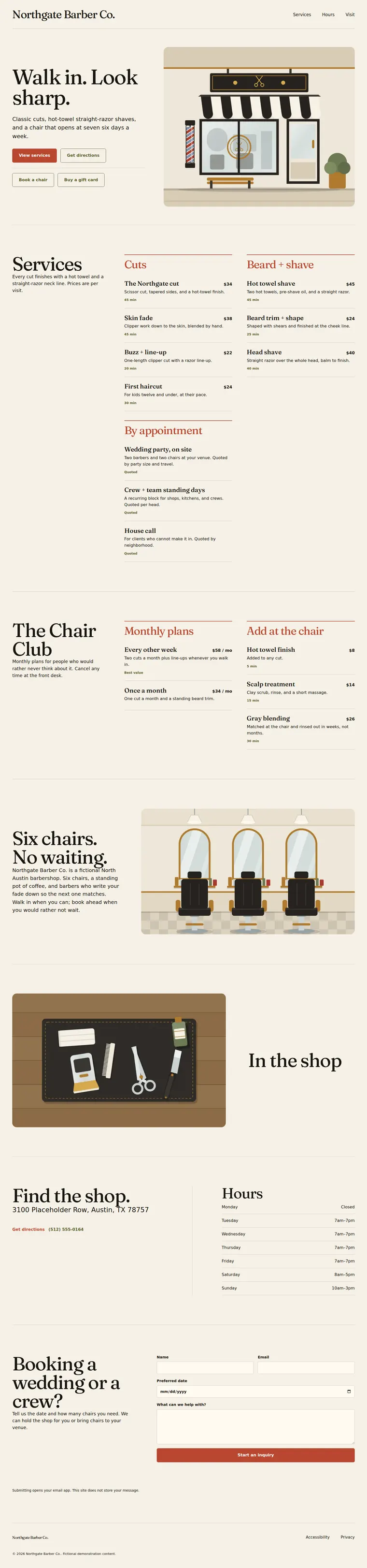 Full scrolling website for Northgate Barber Co., a fictional barbershop